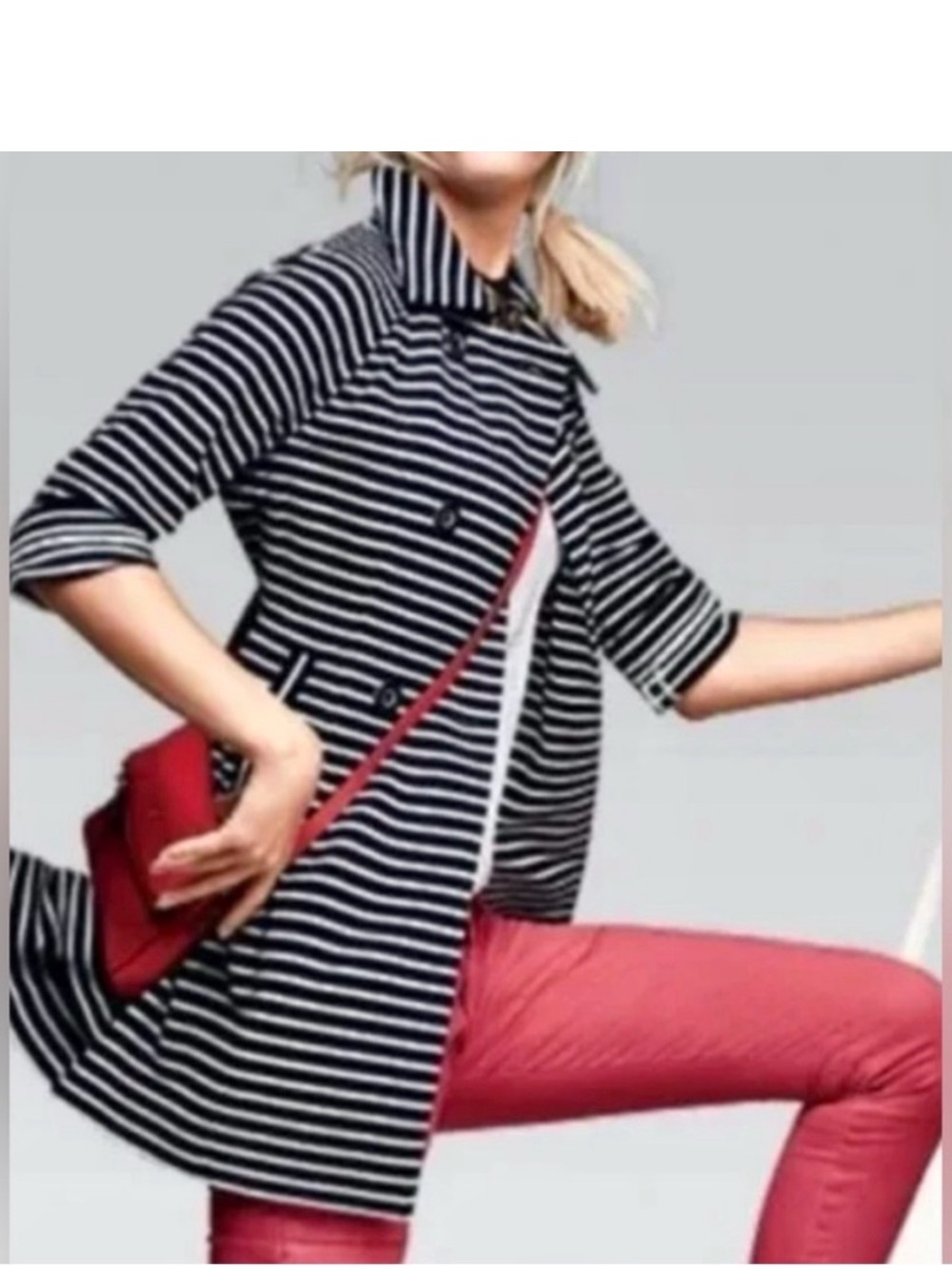 Cabi Maritime Trench Jacket Women’s Size M Nautical Stripe Midi Navy Style 5151